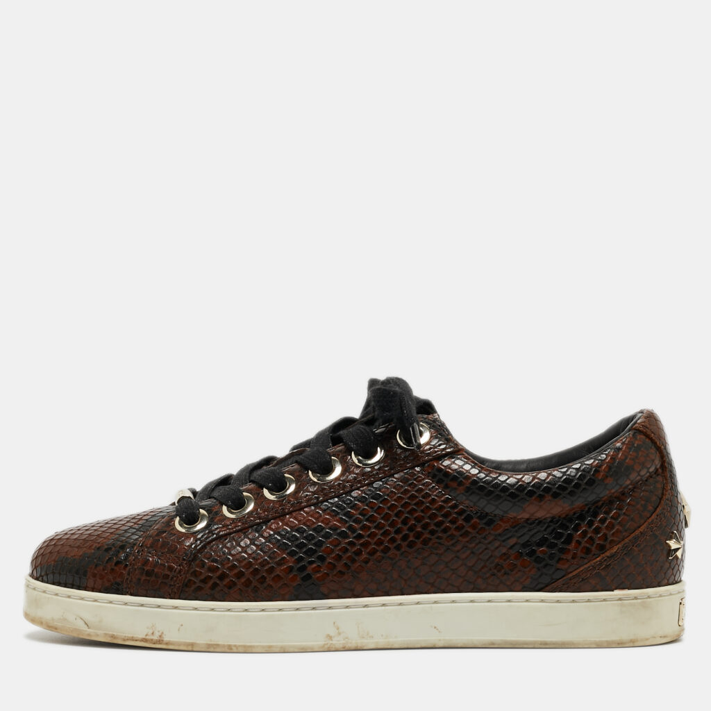 luxury-women-jimmy-choo-used-shoes-p928610-001 Jimmy Choo Brown Python Embossed Leather Lace Up Sneakers Size 36.5