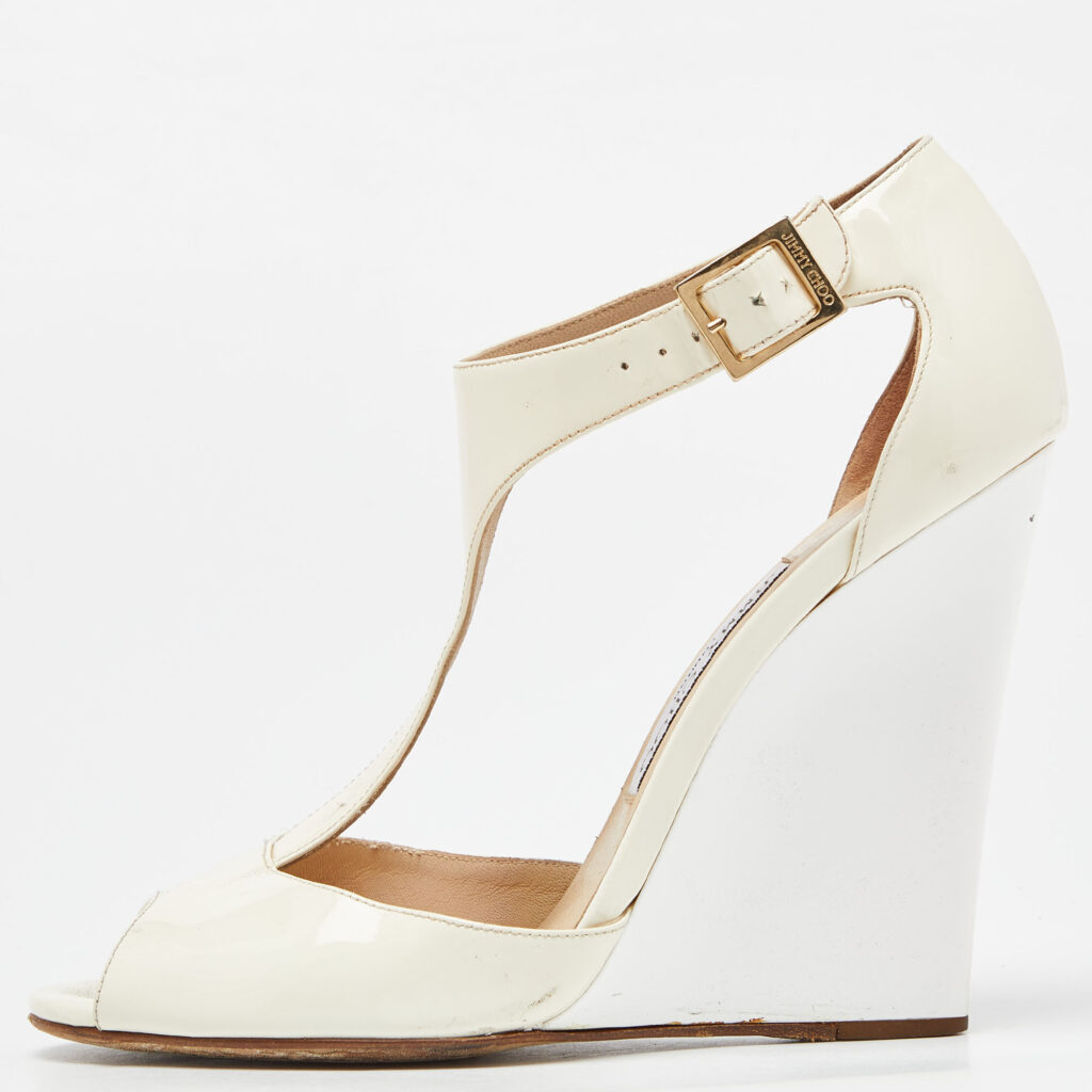 luxury-women-jimmy-choo-used-shoes-p932452-009 Jimmy Choo White/Cream Patent Leather Token T Strap Wedges Size 38.5