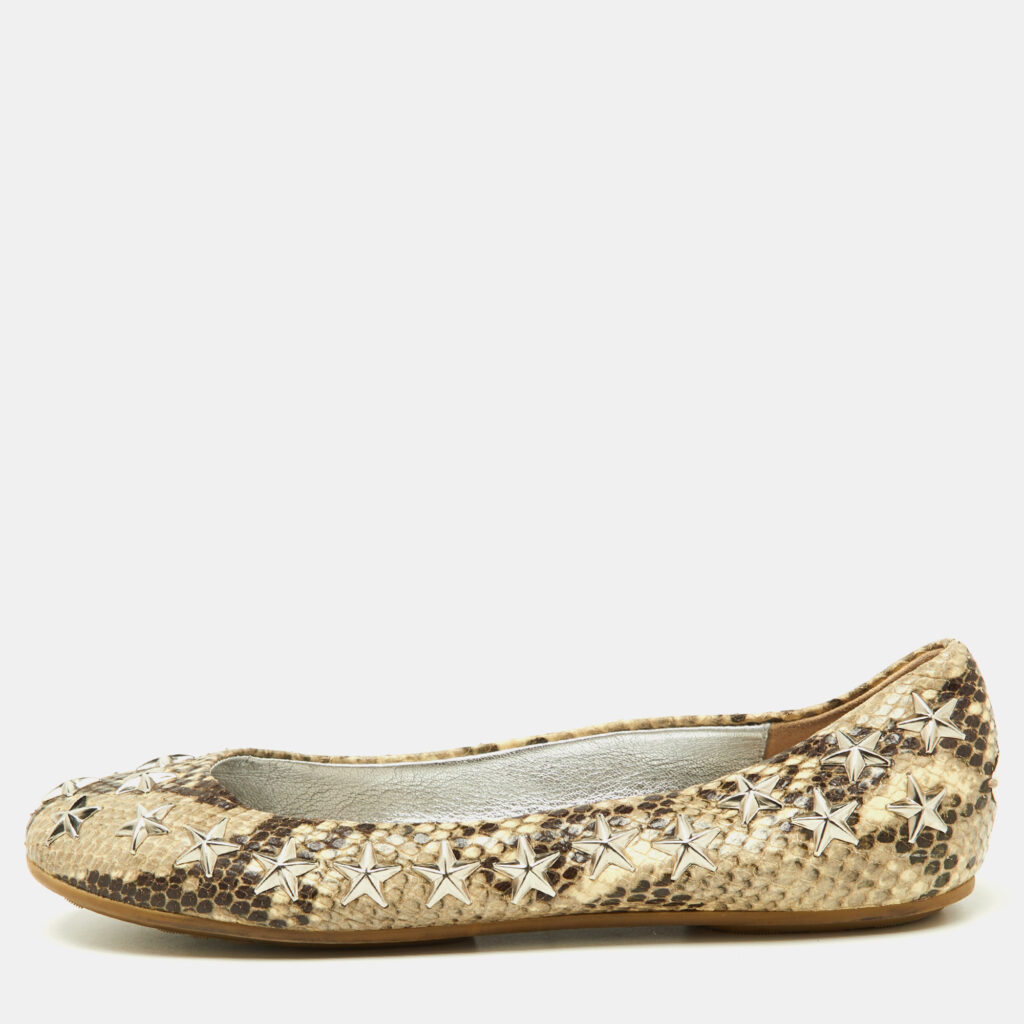 luxury-women-jimmy-choo-used-shoes-p932967-010 Jimmy Choo Beige Python Embossed Leather Windsor Star Embellished Ballet Flats Size 36