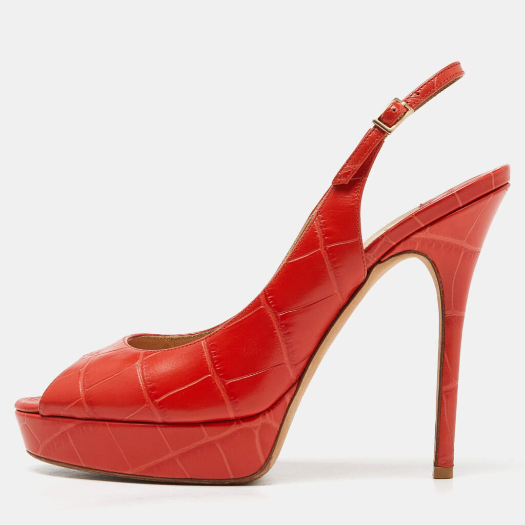 luxury-women-jimmy-choo-used-shoes-p934908-010 Jimmy Choo Orange Croc Embossed Leather Peep Toe Platform Slingback Pumps Size 39