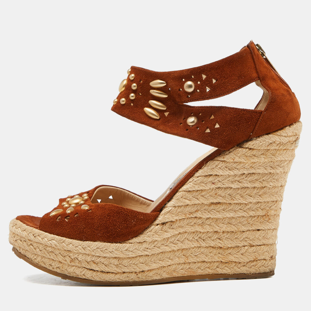 luxury-women-jimmy-choo-used-shoes-p934918-001 Jimmy Choo Brown Suede Wedge Sandals Size 40.5