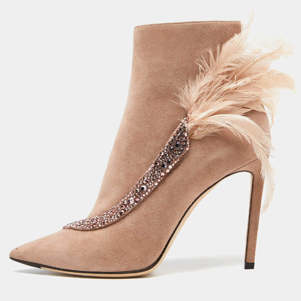 luxury-women-jimmy-choo-used-shoes-p936679-011 Jimmy Choo Pink Suede and Feather Crystal Embellished Ankle Boots Size 39