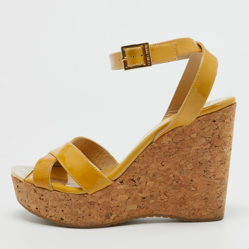 luxury-women-jimmy-choo-used-shoes-p960887-005 Jimmy Choo Yellow Patent Leather Cork Wedge Ankle Strap Sandals Size 39.5