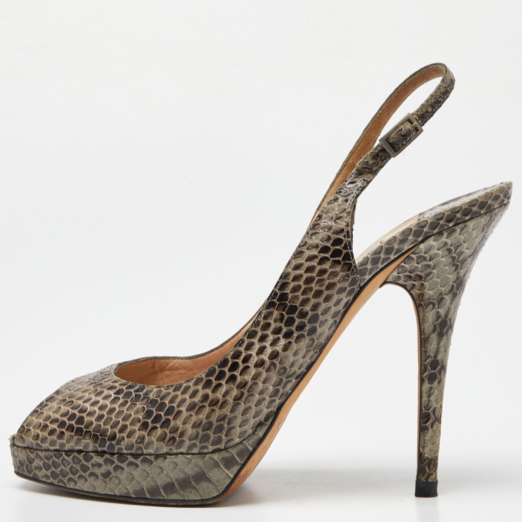 luxury-women-jimmy-choo-used-shoes-p961364-007 Jimmy Choo Grey Snakeskin Leather Peep Toe Pumps Size 38.5