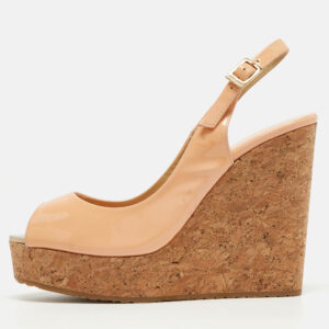 Jimmy Choo Peach Patent Leather Prova Wedge Sandals Size 37.5