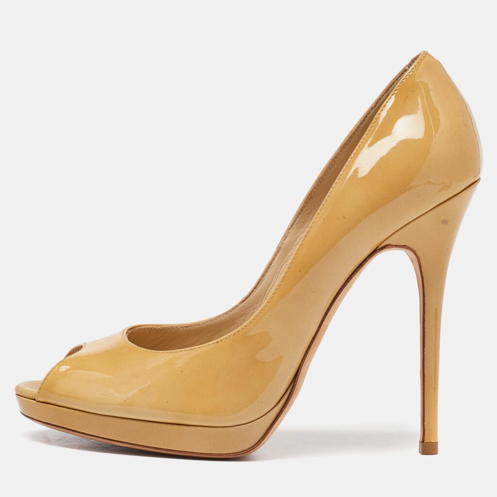 luxury-women-jimmy-choo-used-shoes-p977582-010 Jimmy Choo Beige Patent Leather Crown Peep Toe Pumps Size 40