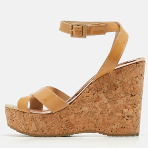 Jimmy Choo Beige Patent Leather Papyrus Cork Wedge Sandals Size 38.5