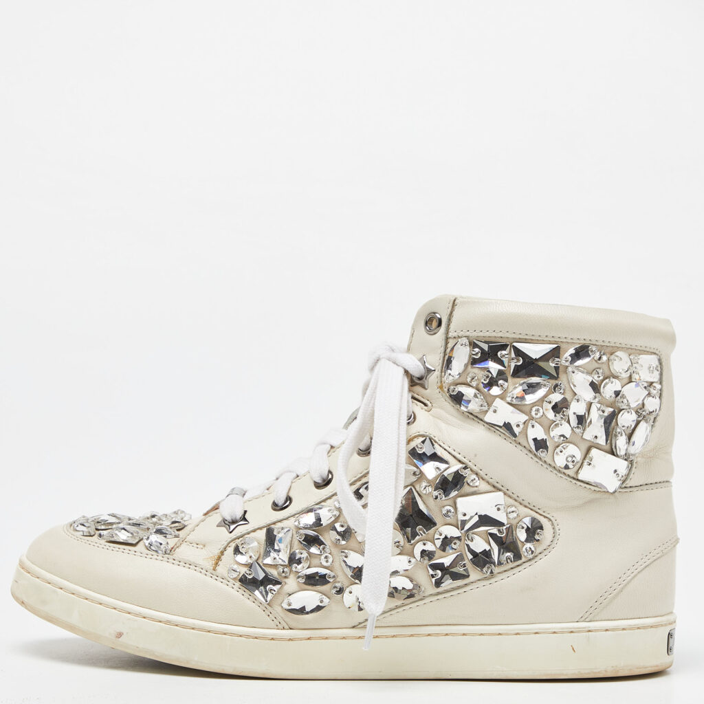 luxury-women-jimmy-choo-used-shoes-p983959-009 Jimmy Choo White Leather Tokyo Crystal Embellished High Top Sneakers Size 37.5