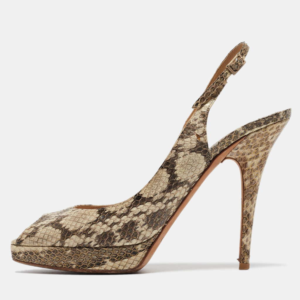 luxury-women-jimmy-choo-used-shoes-p989485-001 Jimmy Choo Brown/Beige Python Embossed Leather Slingback Peep Toe Pumps Size 39.5