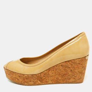 Jimmy Choo Beige Patent Leather Cork Wedge Parley Pumps Size 39