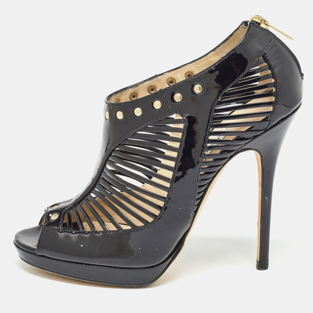 luxury-women-jimmy-choo-used-shoes-p998365-001 Jimmy Choo Black Patent Leather Caged Open Toe Pumps Size 38.5