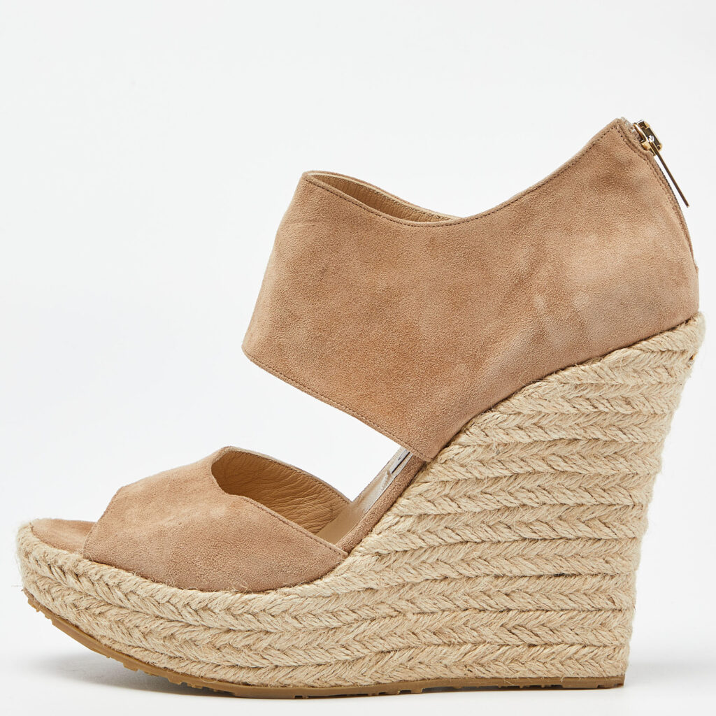 luxury-women-jimmy-choo-used-shoes-p998726-009 Jimmy Choo Beige Suede Wedge Espadrille Ankle Strap Sandals Size 38.5