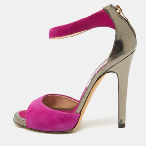 Jimmy Choo Purple/Metallic Grey Suede and Leather Ankle Strap Sandals Size 37.5