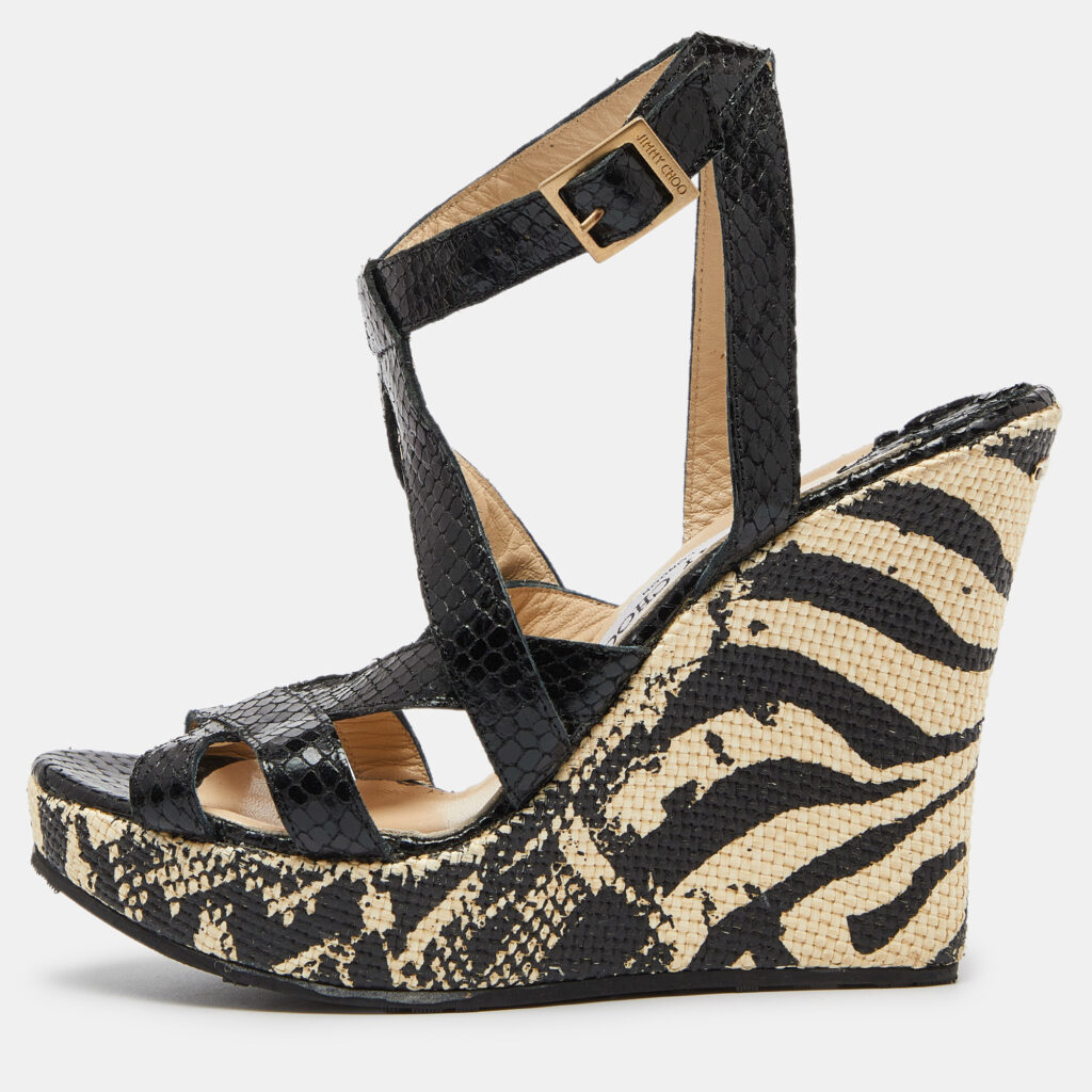 luxury-women-jimmy-choo-used-shoes-p999483-005 Jimmy Choo Black Snakeskin Embossed Leather Platform Wedge Sandals Size 39