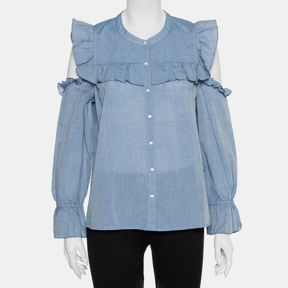 luxury-women-joie-new-clothes-p434171-009 Joie Blue Cotton Cold Shoulder Ruffled Button Front Akari Top M