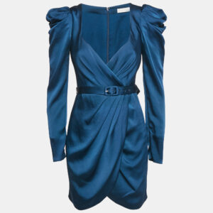 Jonathan Simkhai Blue Satin V-Neck Belted Mini Dress S