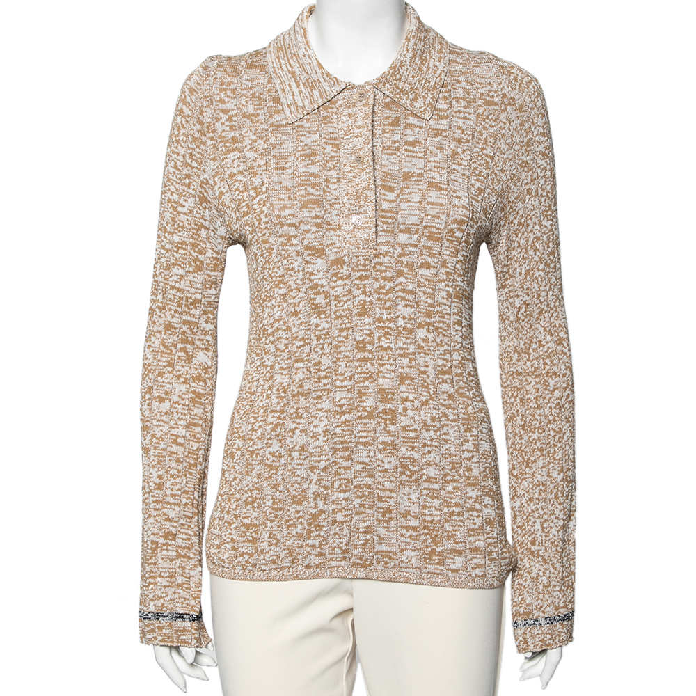 luxury-women-joseph-used-clothes-p591955-008-2 Joseph Beige Patterned Ribbed Knit Long Sleeve Polo Sweater L