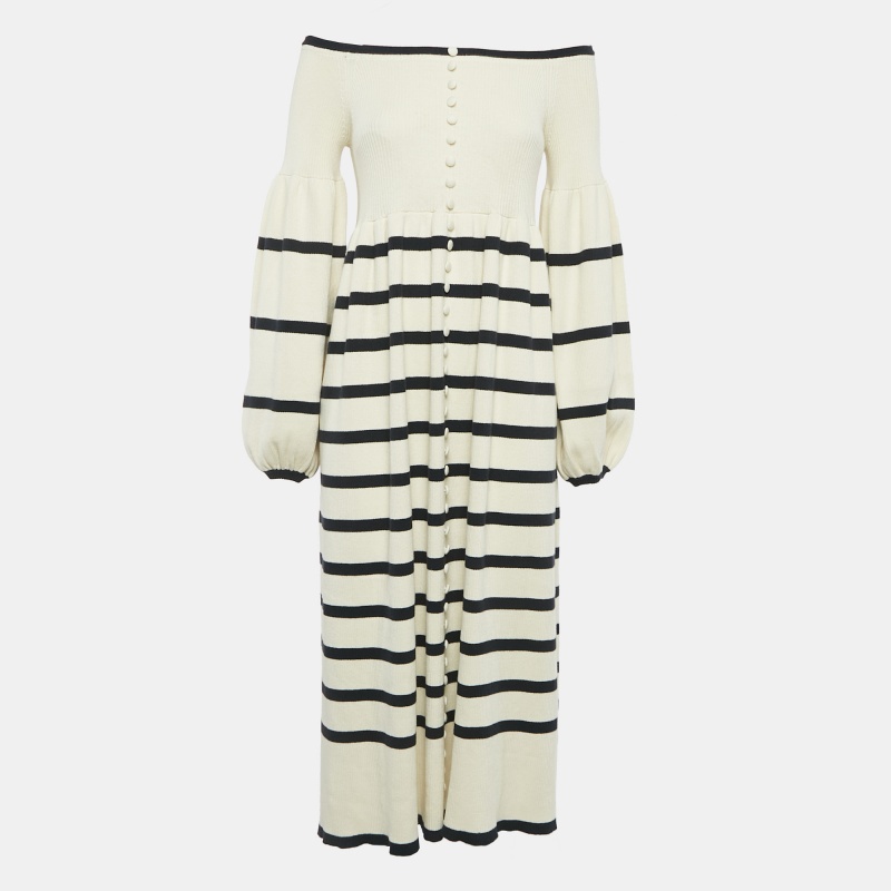 luxury-women-joslin-used-clothes-p1105713-1739108918-007 Joslin Off-White Rib Knit Stripe Off-Shoulder Button Detail Flared Midi Dress S