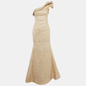 Jovani Beige Lurex Jacquard Ruffled One-shoulder Gown M