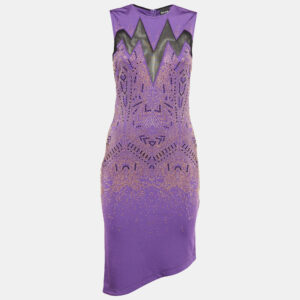 Just Cavalli Purple Studded Mesh Trim Jersey Asymmetric Dress S