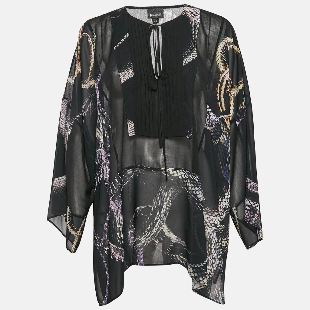 luxury-women-just-cavalli-used-clothes-p1044371-007 Just Cavalli Black Snake Printed Chiffon Semi Sheer Blouse M