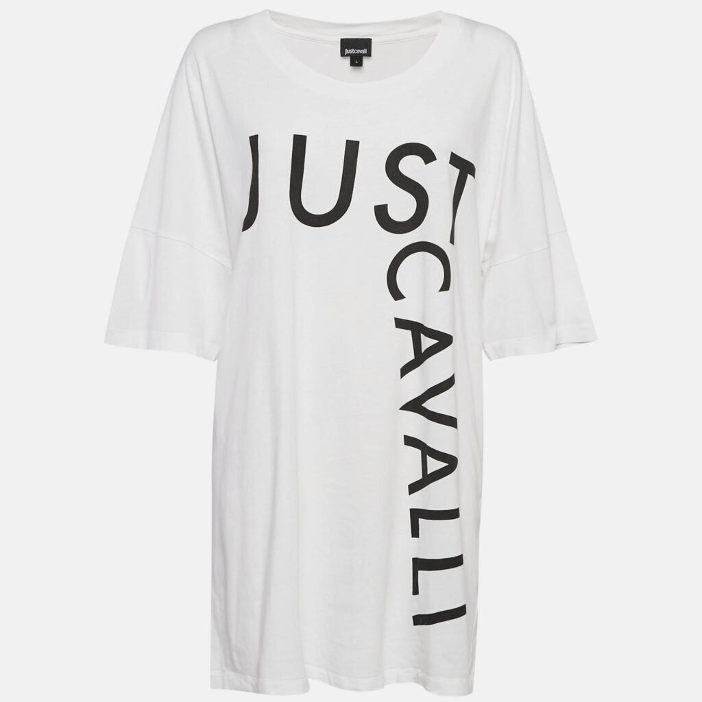 luxury-women-just-cavalli-used-clothes-p1080195-001 Just Cavalli White Logo Print Cotton T-Shirt Dress L