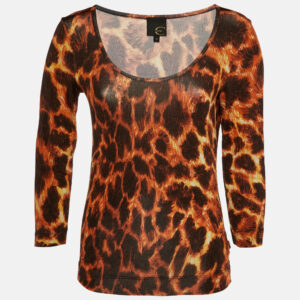 Just Cavalli Orange/Brown Animal Print Jersey Boat Neck Top M