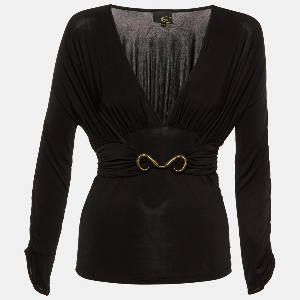 luxury-women-just-cavalli-used-clothes-p1145595-005 Just Cavalli Black Jersey Gathered Brooch Detail V-Neck Top M