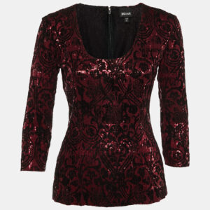 Just Cavalli Pink Flock Print Sequined Scoop Neck Top M