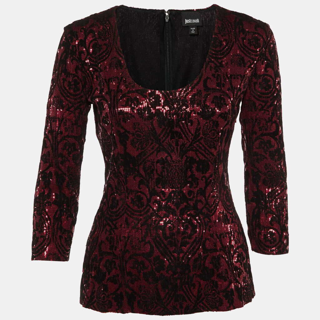 luxury-women-just-cavalli-used-clothes-p1147084-004 Just Cavalli Pink Flock Print Sequined Scoop Neck Top M