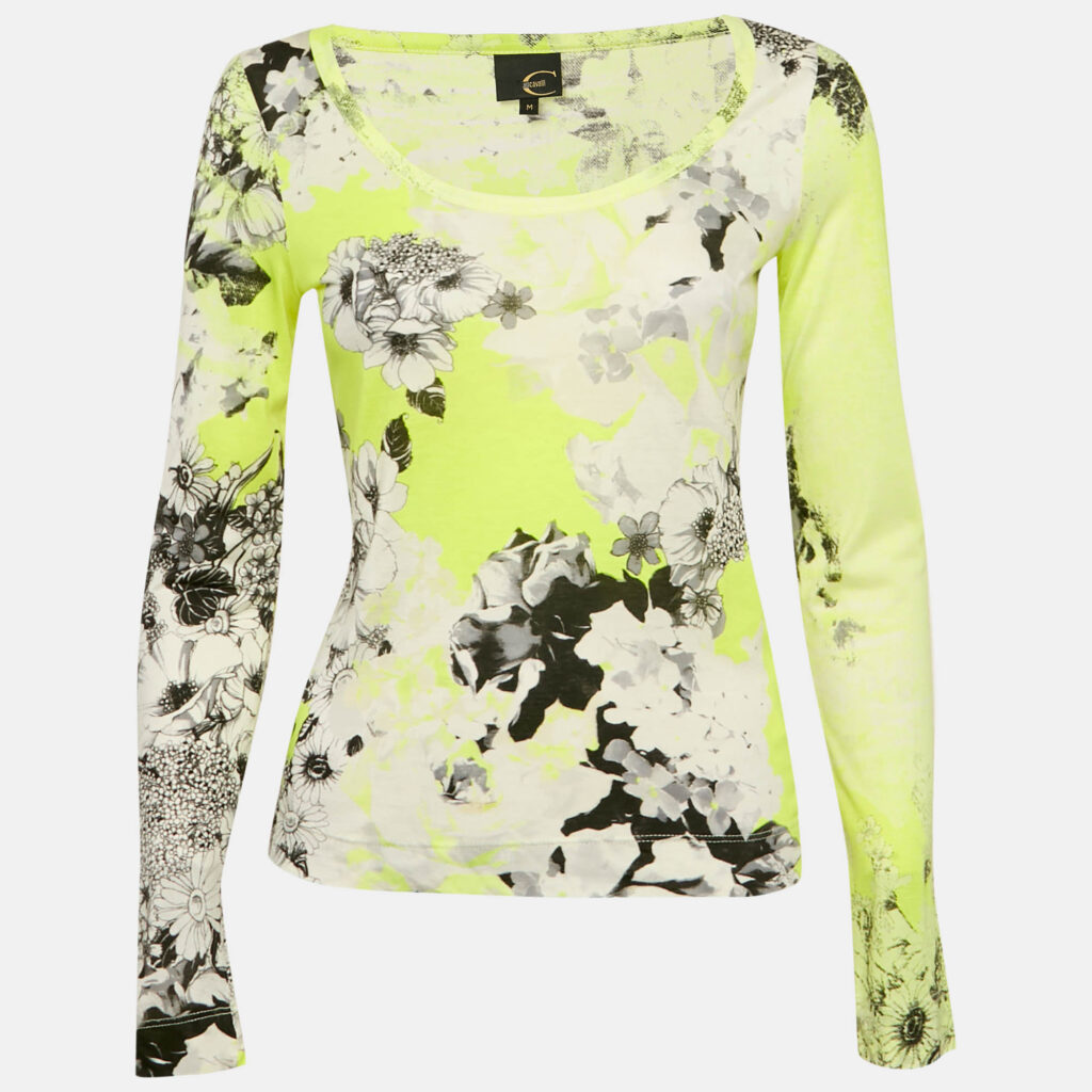 luxury-women-just-cavalli-used-clothes-p1154440-001 Just Cavalli Fluorescent Yellow Floral Print Cotton Knit Long Sleeve Top M