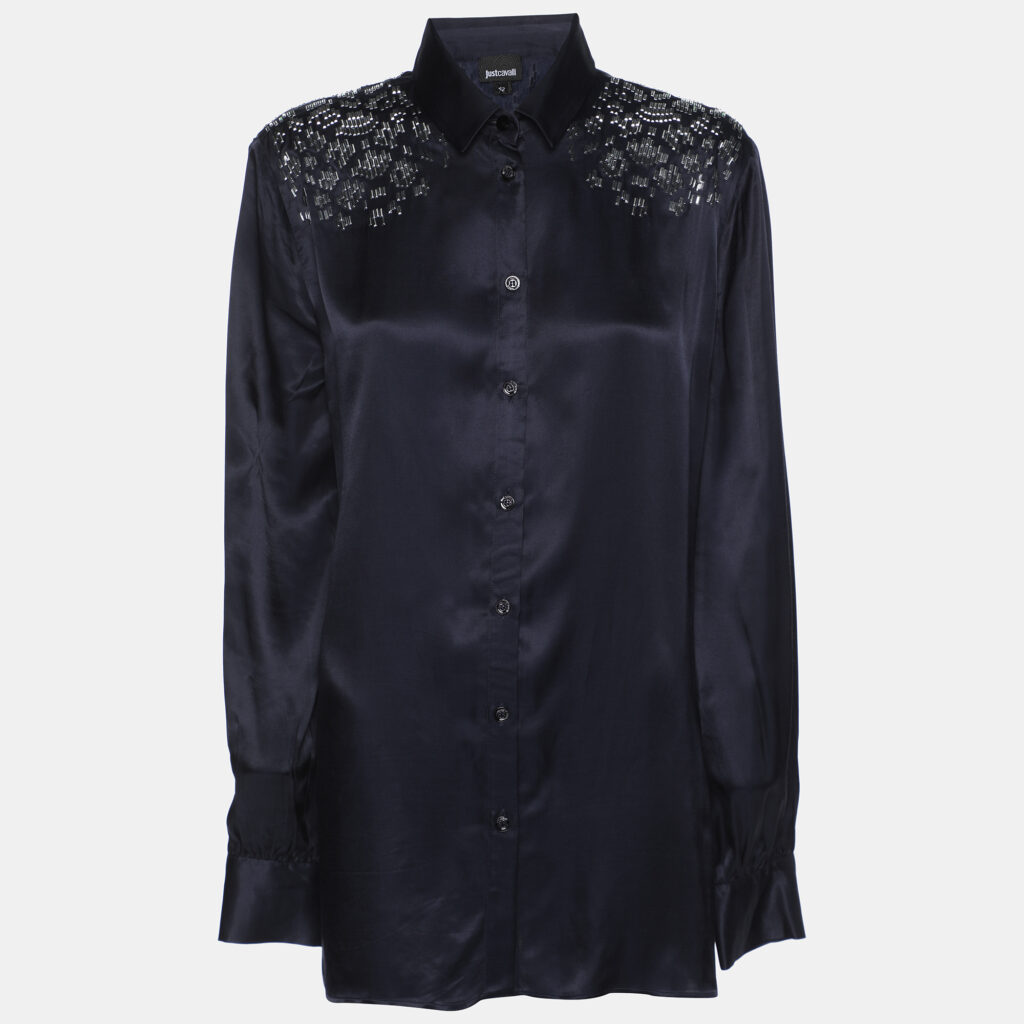 Just Cavalli Navy Blue Viscose Embellished Button Front Shirt M