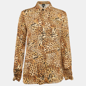 Just Cavalli Brown Satin Leopard Print Button Front Shirt S