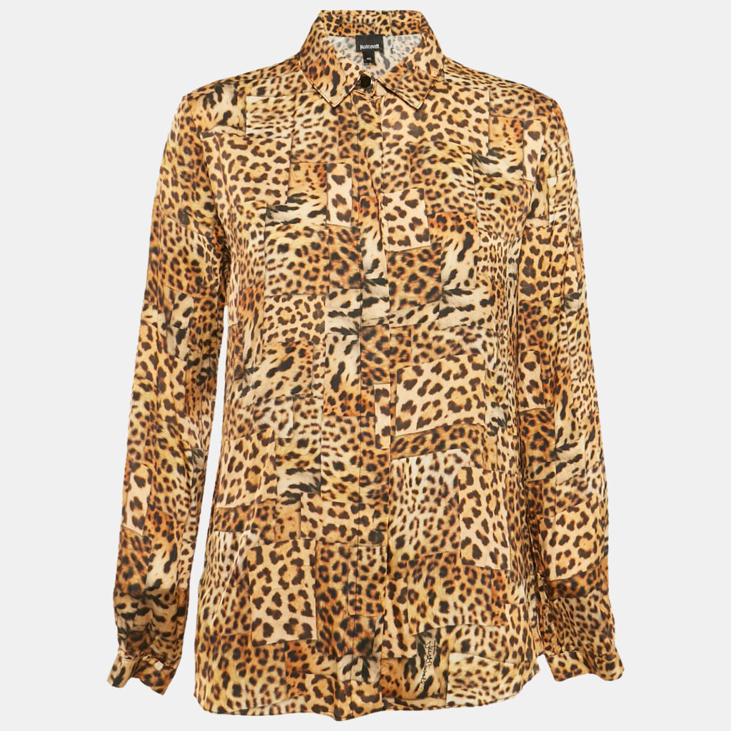 luxury-women-just-cavalli-used-clothes-p1168084-006 Just Cavalli Brown Satin Leopard Print Button Front Shirt S
