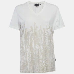Just Cavalli Off White Printed Cotton Blend V- Neck T-Shirt M
