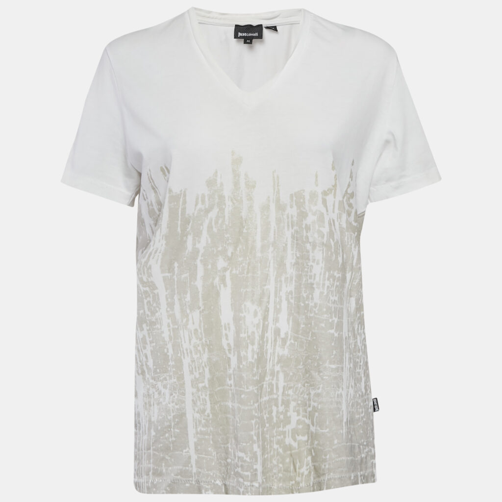 luxury-women-just-cavalli-used-clothes-p1169918-004 Just Cavalli Off White Printed Cotton Blend V- Neck T-Shirt M