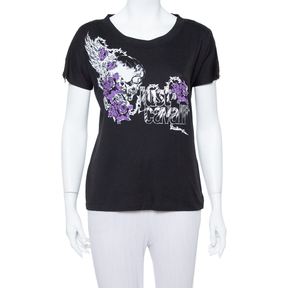 Just Cavalli Black Logo Printed Knit Zipper Detail T Shirt S
