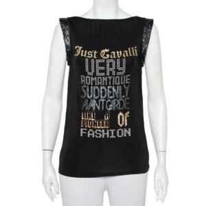 Just Cavalli Black Printed Jersey Puffed Armhole Detail T-Shirt S