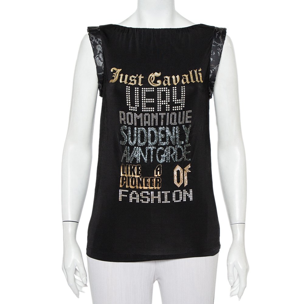 luxury-women-just-cavalli-used-clothes-p457905-005 Just Cavalli Black Printed Jersey Puffed Armhole Detail T-Shirt S