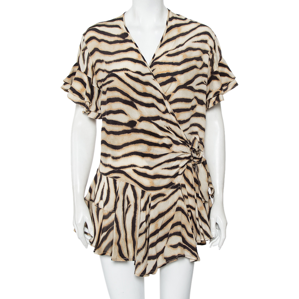 luxury-women-just-cavalli-used-clothes-p458501-006 Just Cavalli Beige Animal Printed Silk Ruffled Mini Wrap Dress S