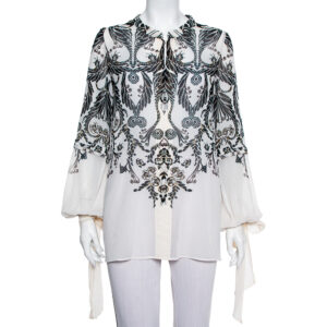 Just Cavalli Monochrome Printed Silk Sleeve Tie Detail Top M