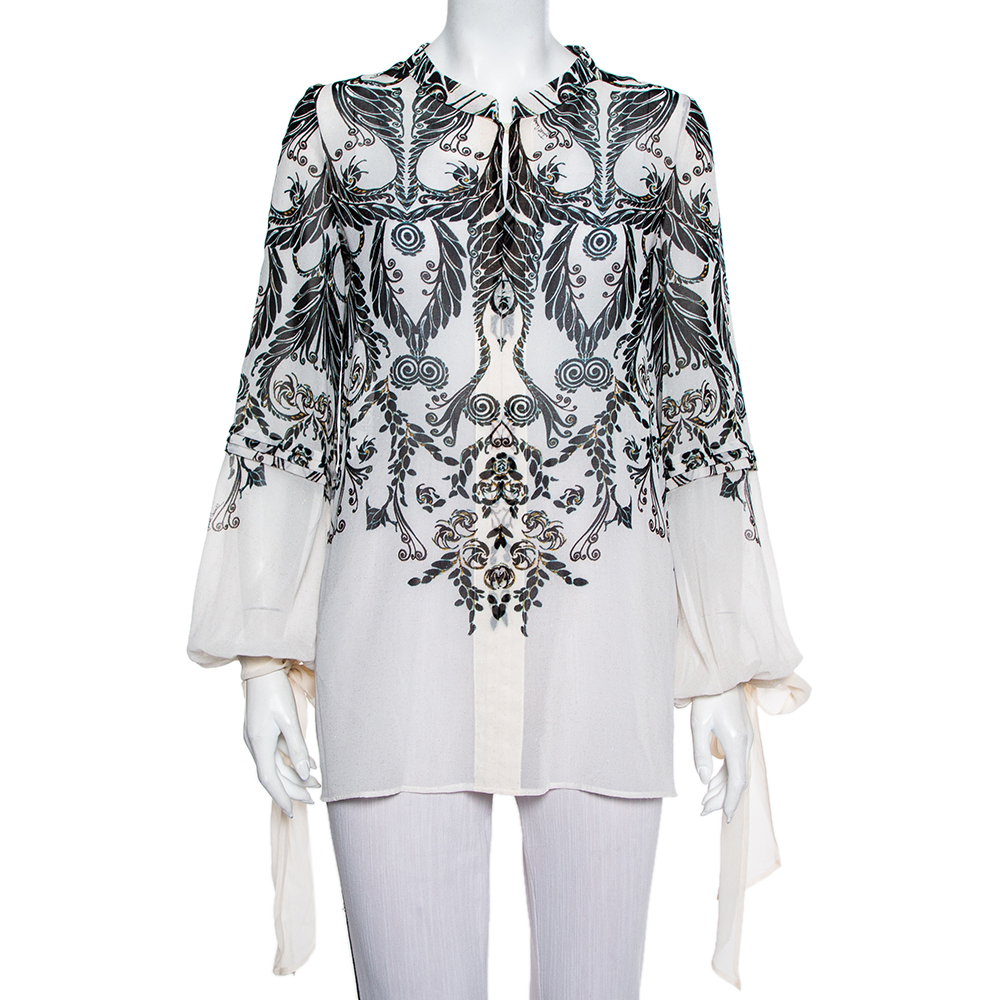 luxury-women-just-cavalli-used-clothes-p458526-006 Just Cavalli Monochrome Printed Silk Sleeve Tie Detail Top M