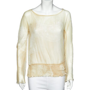 Just Cavalli Pale Yellow Printed Crepe Elasticized Hem Blouse M