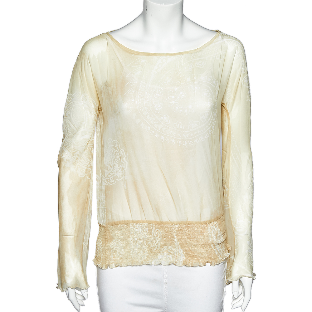 luxury-women-just-cavalli-used-clothes-p500006-006 Just Cavalli Pale Yellow Printed Crepe Elasticized Hem Blouse M