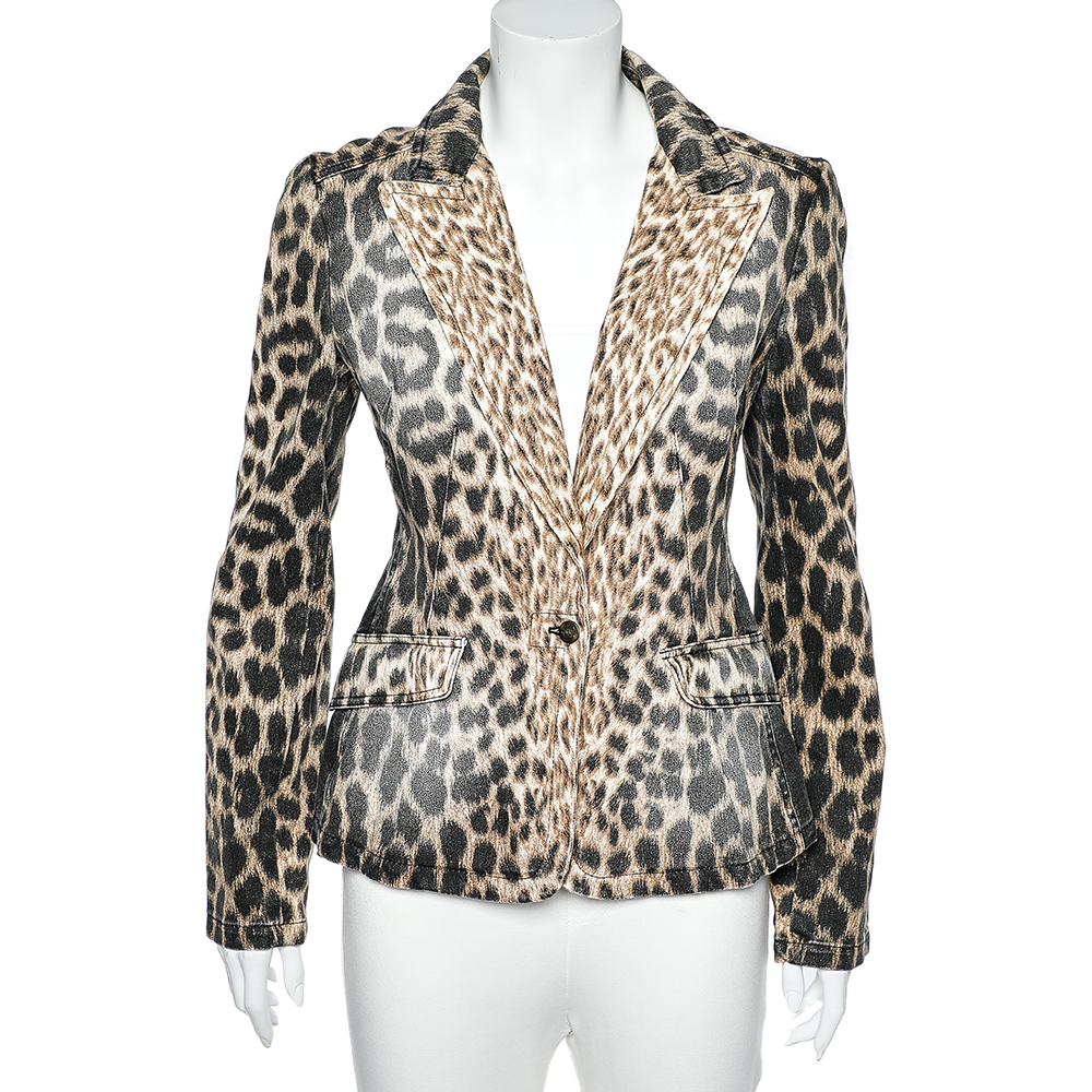 luxury-women-just-cavalli-used-clothes-p542379-004-2 Just Cavalli Brown Animal Printed Denim Button Front Blazer S