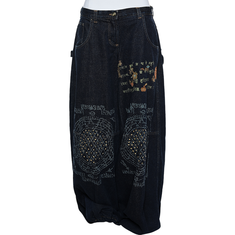 Just Cavalli Navy Blue Painted Denim Flared Leg Jeans L