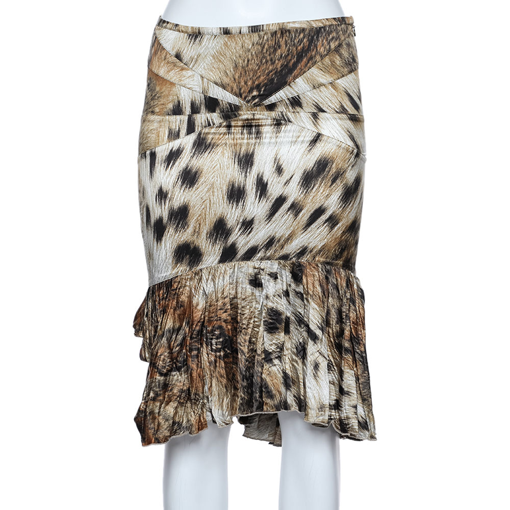 luxury-women-just-cavalli-used-clothes-p564029-002-2 Just Cavalli Brown Animal Printed Satin Ruffled Hem Mini Skirt S
