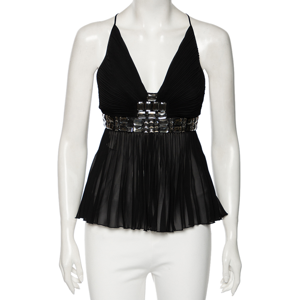 luxury-women-just-cavalli-used-clothes-p577690-013-2 Just Cavalli Black Silk Embellished Waist Pleated Top S
