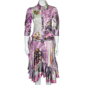 Just Cavalli Multicolor Printed Silk Belted Ruffled Hem Dress S