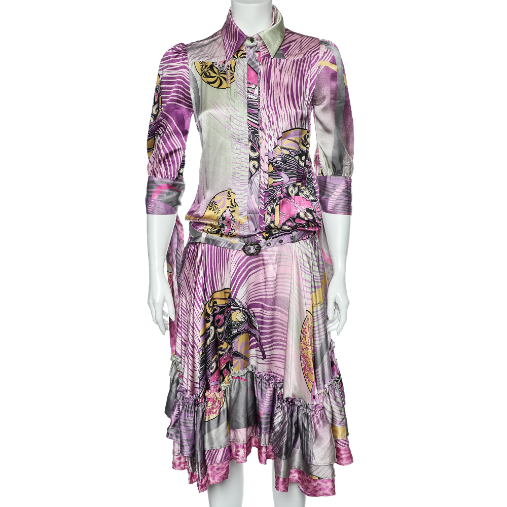 luxury-women-just-cavalli-used-clothes-p596415-003-2 Just Cavalli Multicolor Printed Silk Belted Ruffled Hem Dress S